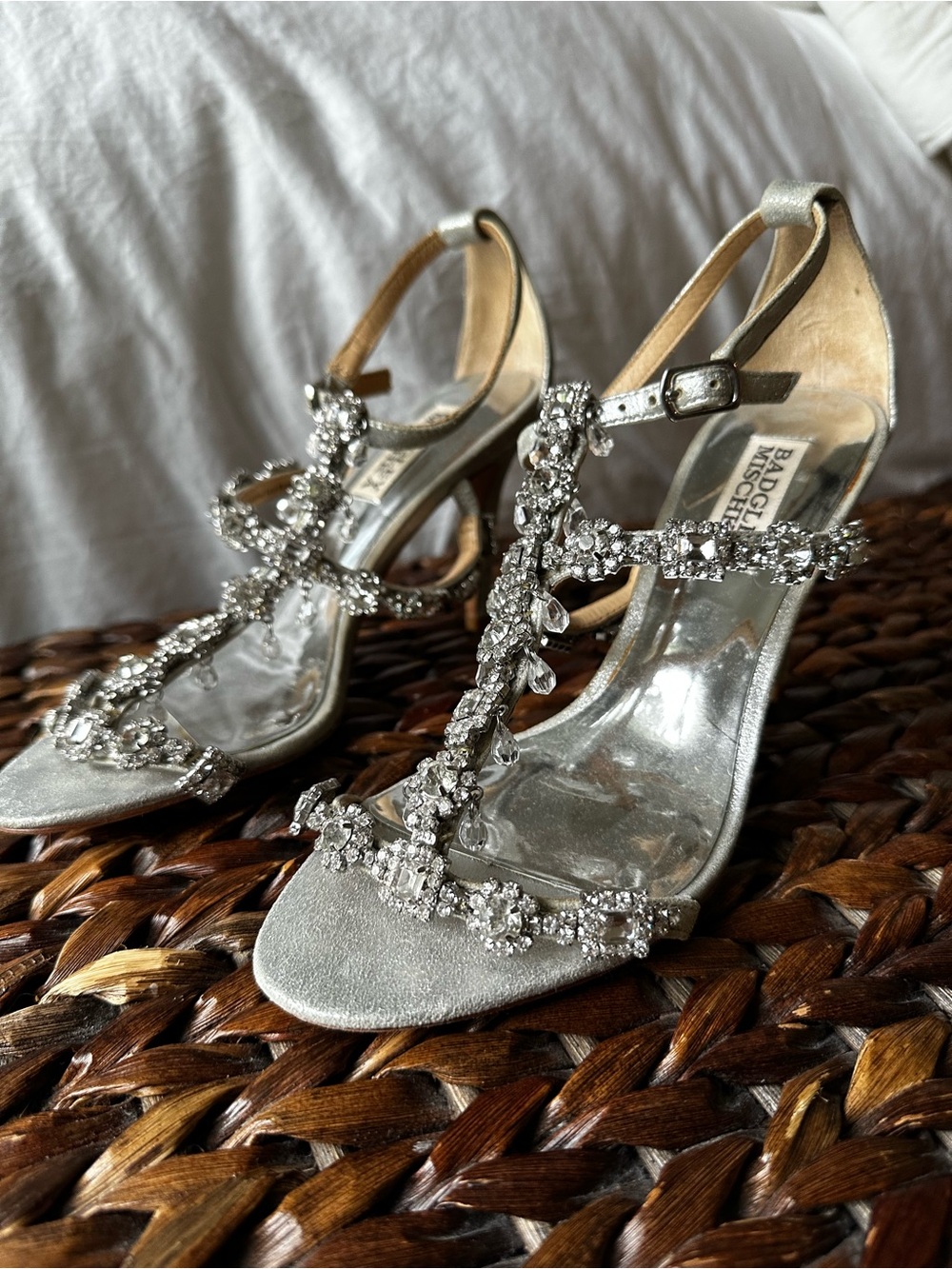 Badgley Mischka Silver Jeweled T-Strap Heeled Sandals
